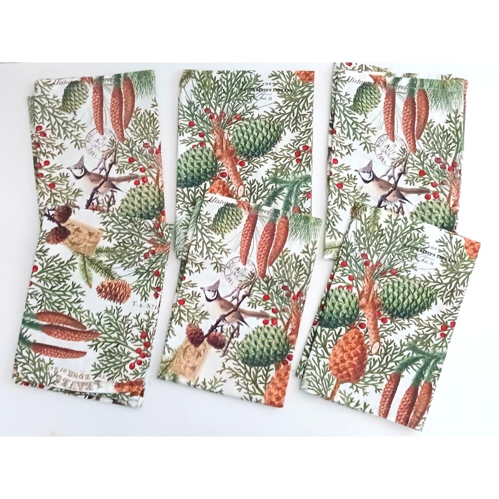 NEW Michel Design Work S/6 Turkish Cotton Napkins Holiday Pine Cone/ Holly/Birds